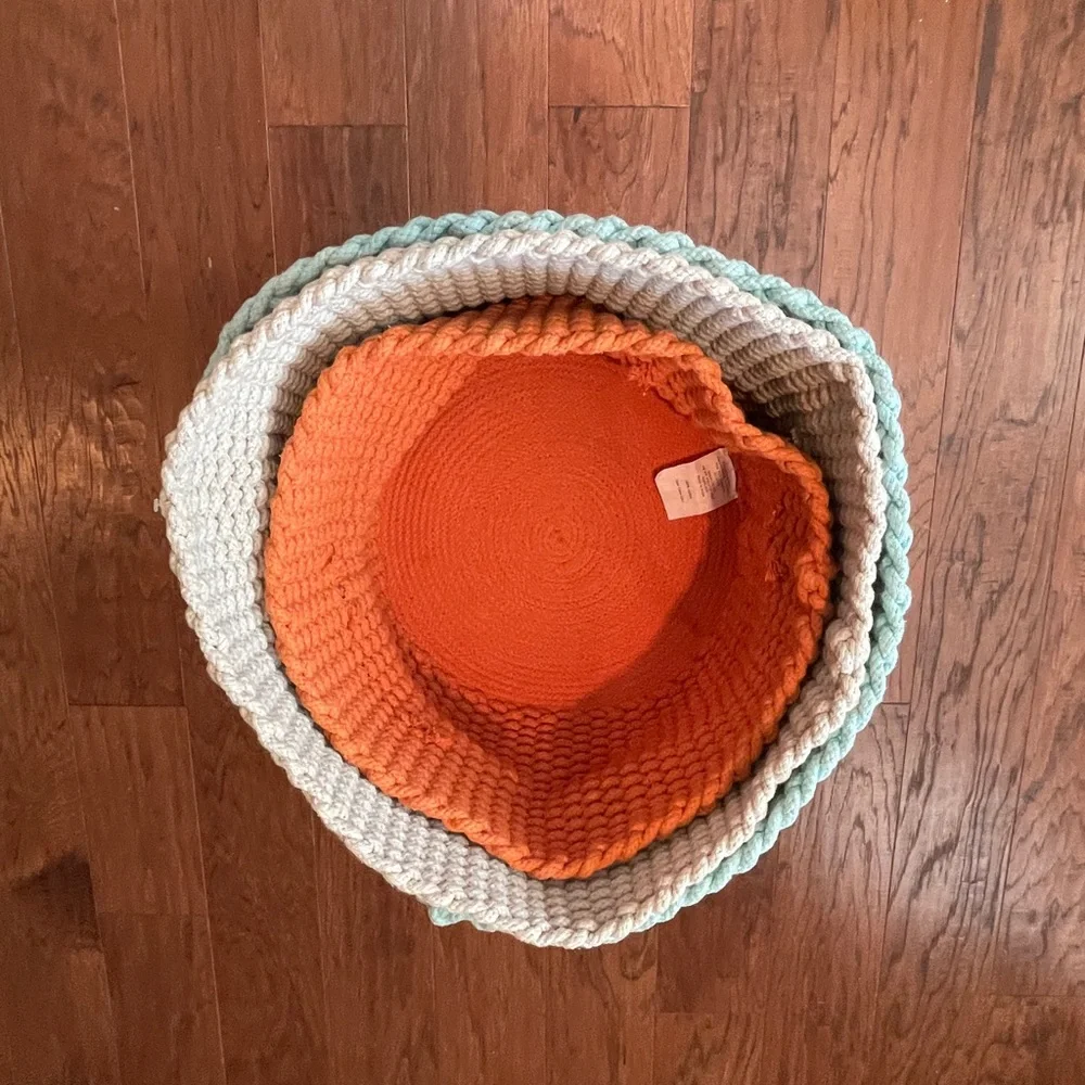 Crate&Barrel Knitted Storage Baskets - Orange, Blue, Cream